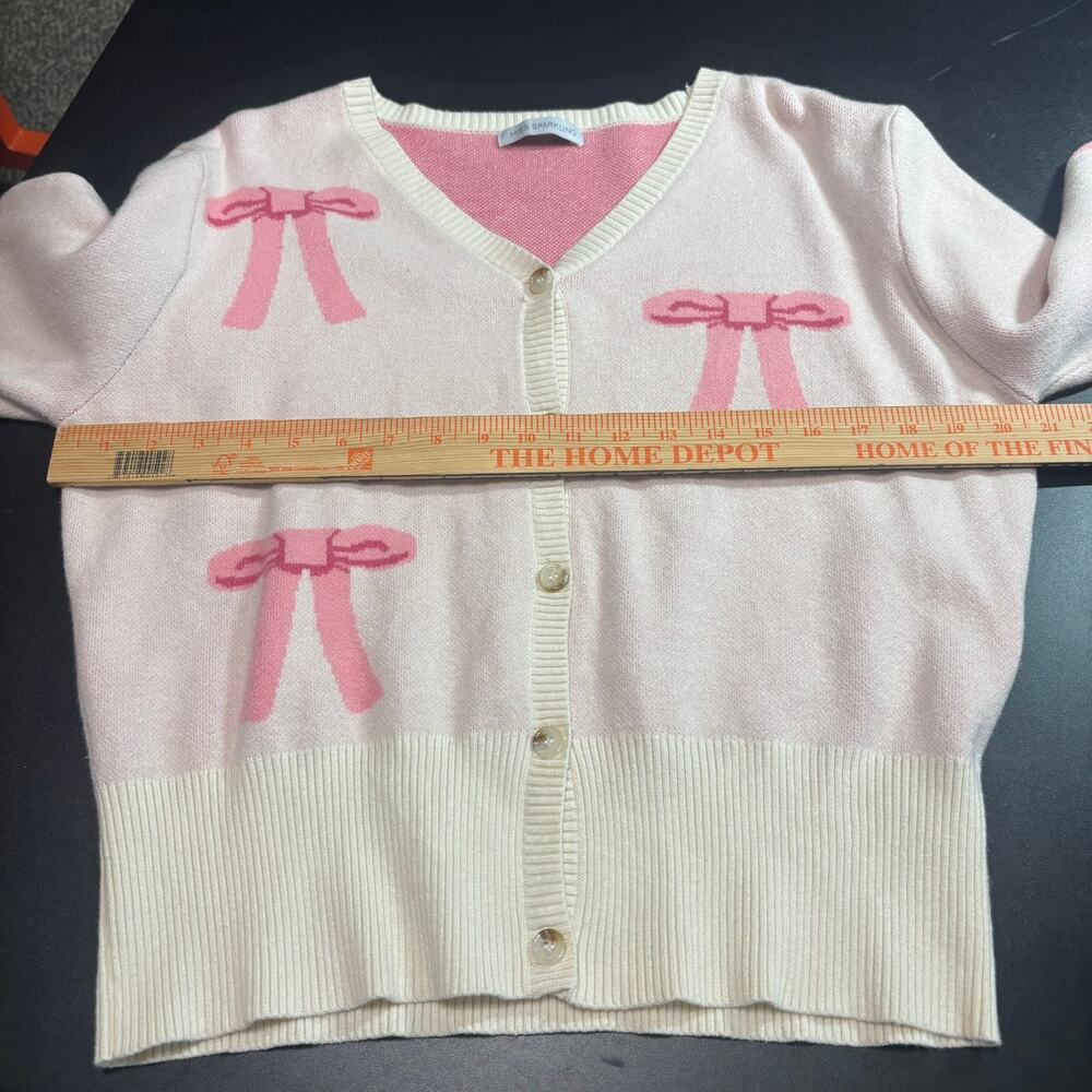 Miss Sparkling Womens Pink Bow Cardigan Sweater Cream Coquette Button Front - Picture 5 of 6